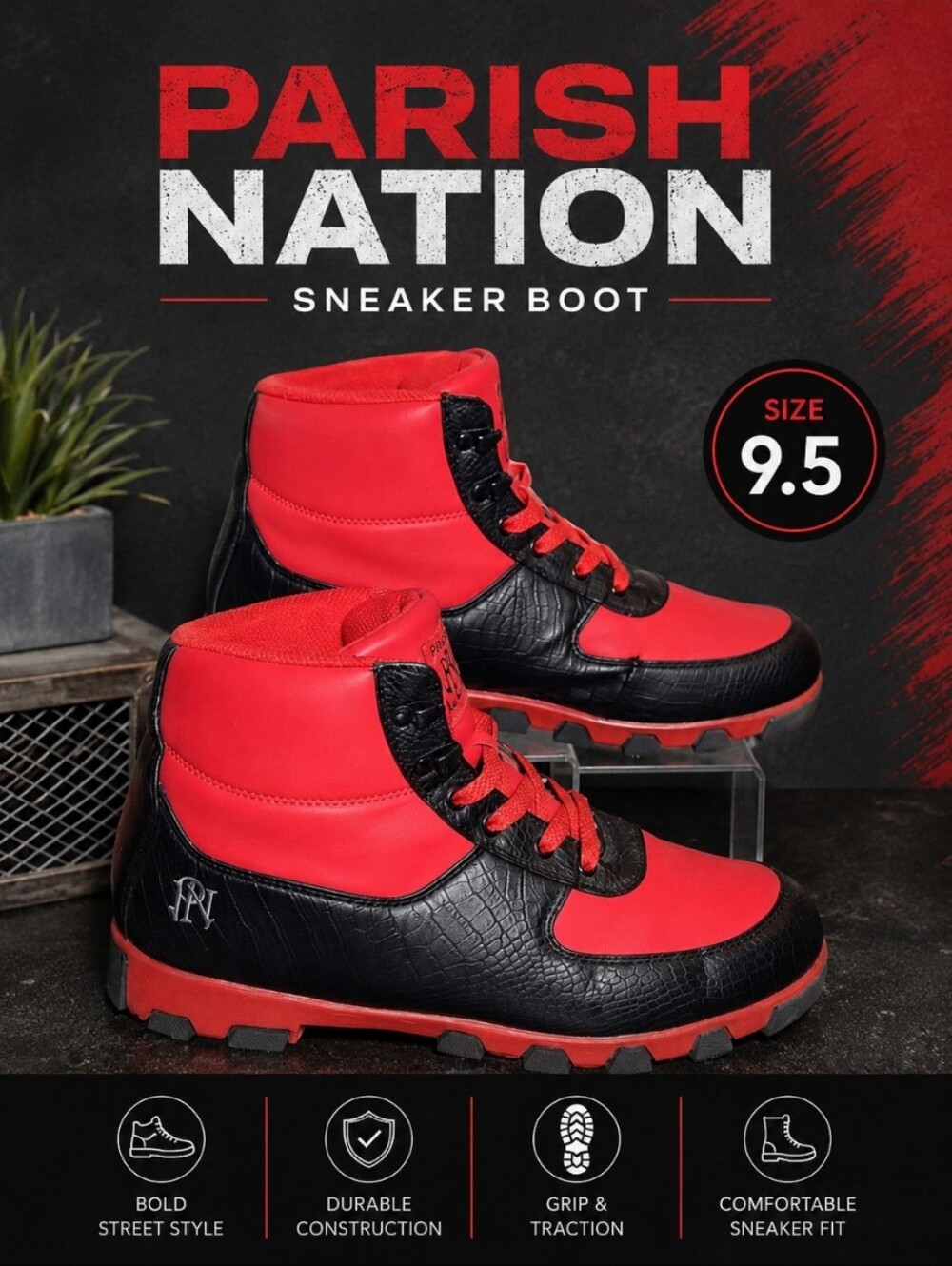PARISH NATION Red Black Sneaker Boot 9.5
